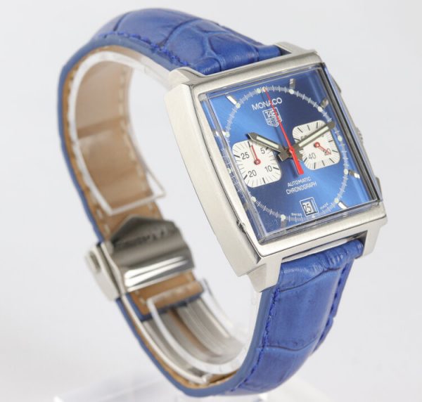 Vintage Tag Heuer Monaco Re Edition Automatic Chronograph with Blue Dial; Steve McQueen, on a blue leather strap with Tag Heuer deployment buckle, Circa 1990s