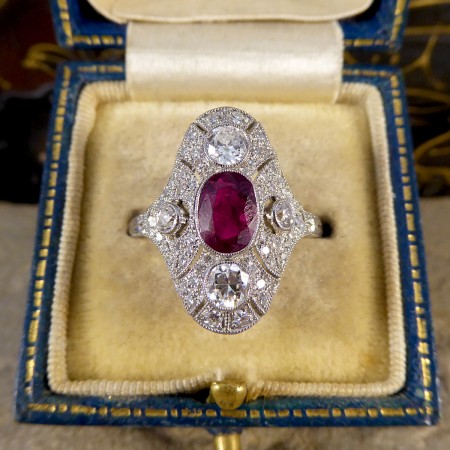 Art Deco Style Ruby and Diamond Navette Plaque Ring, 1.50cts, Platinum