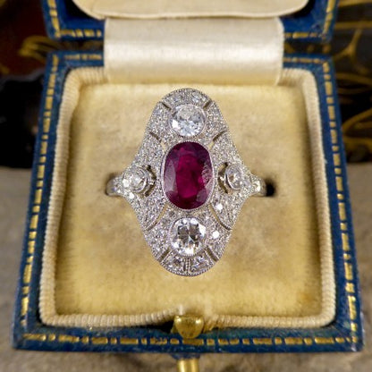 Art Deco Style Ruby and Diamond Navette Plaque Ring, 1.50cts, Platinum