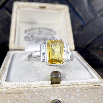 Art Deco Inspired 2.05ct Yellow Sapphire and Baguette Diamond Engagement Ring in Platinum