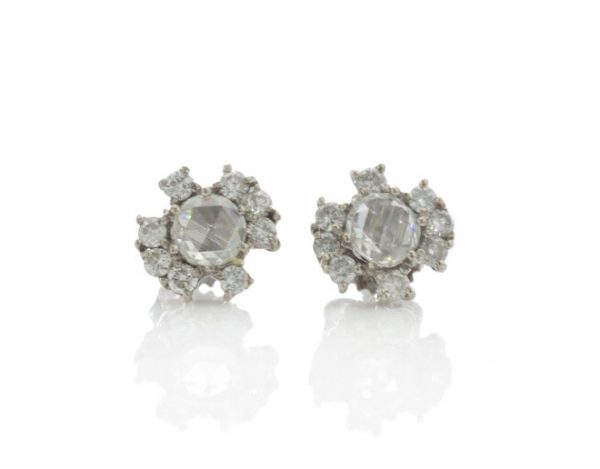 Vintage Rose Cut Diamond Cluster Stud Earrings; central 0.50ct rose cut diamond surrounded by round brilliant cut diamonds, 1.48 carat total, 18ct white gold