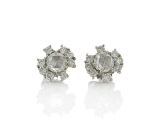 Vintage Rose Cut Diamond Cluster Stud Earrings; central 0.50ct rose cut diamond surrounded by round brilliant cut diamonds, 1.48 carat total, 18ct white gold