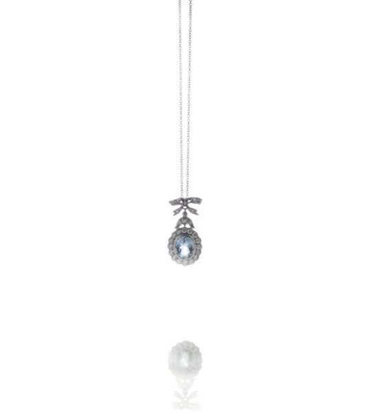 Aquamarine and Diamond Oval Cluster Pendant in 18ct White Gold