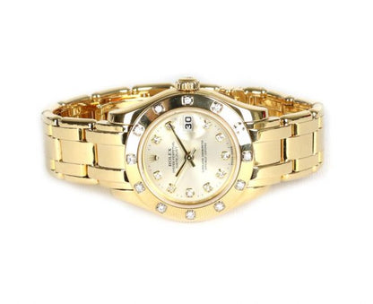 Rolex Lady Oyster Perpetual Datejust Pearl Master 18ct Yellow Gold 29mm Automatic Watch with Diamond Bezel, ref 80319, silvered dial with diamond set hour markers, factory set diamonds to the 18ct yellow gold bezel, 18ct yellow gold bracelet with a single deployment clasp