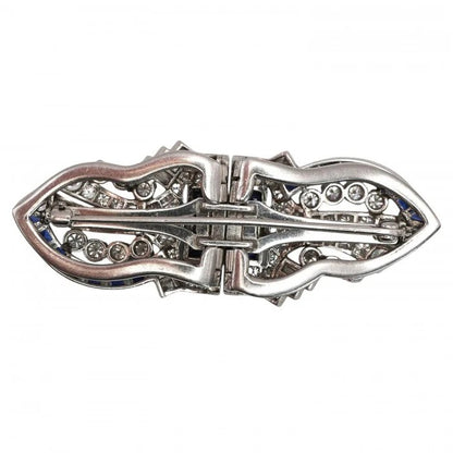 Art Deco Tiffany and Co Sapphire Diamond and Platinum Double Clip Brooch