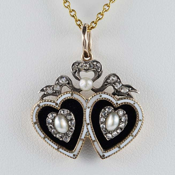 Georgian Antique Double Heart Pearl Enamel Diamond Pendant, natural pearls rose-cut diamonds black and white enamel diamond bow with button pearl accent in silver to 18ct yellow gold