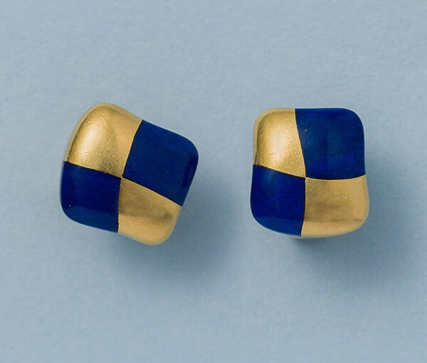 Vintage 18ct Yellow Gold and Lapis Lazuli Clip On Earrings Signed Angela Cummings USA Circa 1980