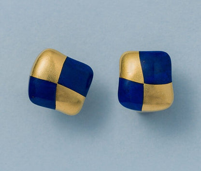 Vintage 18ct Yellow Gold and Lapis Lazuli Clip On Earrings Signed Angela Cummings USA Circa 1980