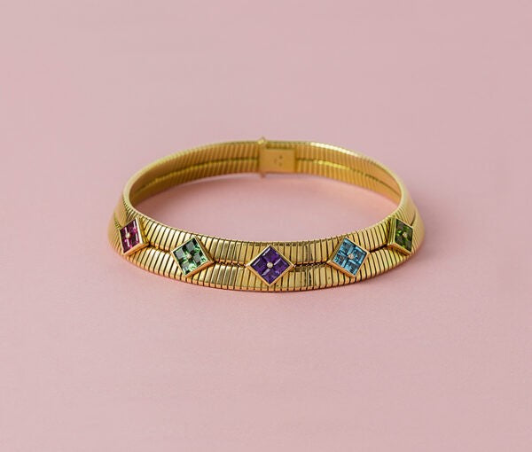 Bvlgari Gold Double TuboGas Necklace with Gemstones, Signed Bulgari, Model Carré, Circa 1993