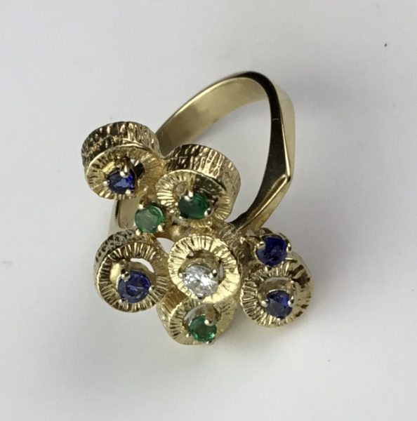 Vintage Abstract Designer Sapphire and Emerald Gold Ring