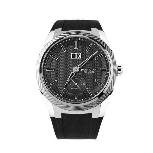 Parmigiani Fleurier Tonda GT Stainless Steel Automatic Date Limited Edition Watch, 42mm steel case with PF044 in-house automatic movement, black guilloche dial featuring big date and small inner seconds dial, on a rubber strap. Model PFC910-0000210-X01482