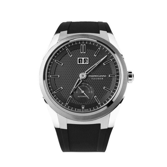 Parmigiani Fleurier Tonda GT Stainless Steel Automatic Date Limited Edition Watch, 42mm steel case with PF044 in-house automatic movement, black guilloche dial featuring big date and small inner seconds dial, on a rubber strap. Model PFC910-0000210-X01482