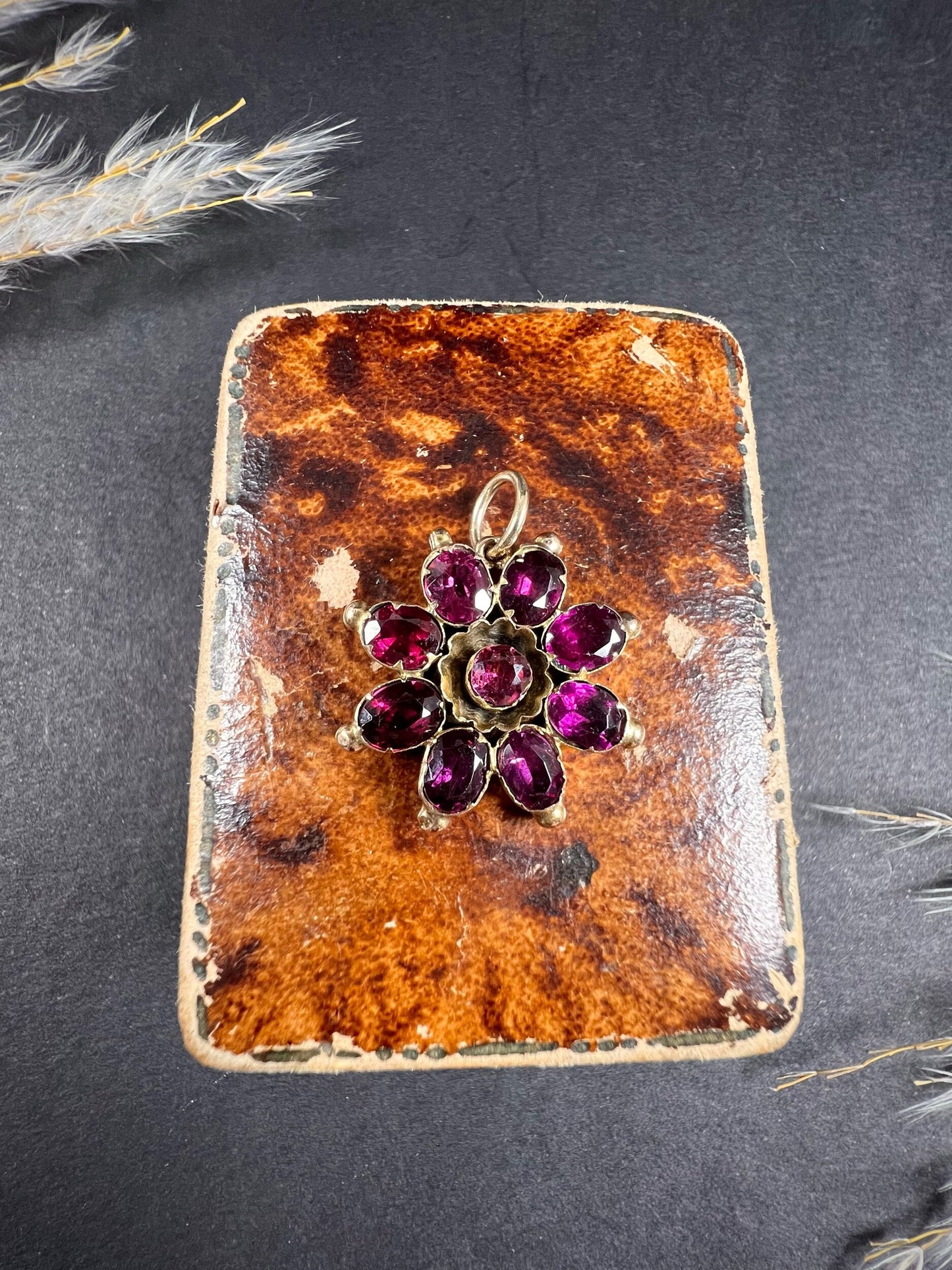 Antique 9ct Rose Gold, Early Victorian Almandine Garnet Floral Pendant