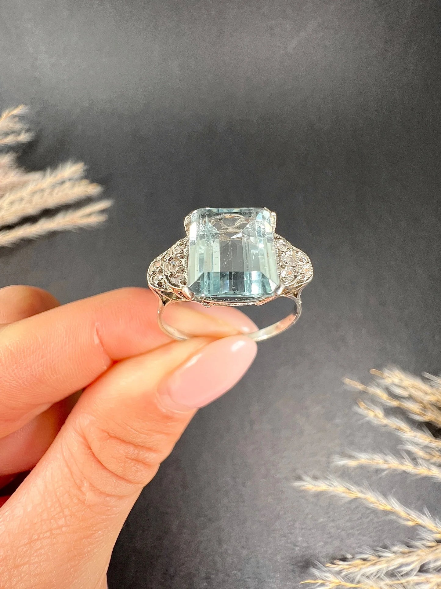 Art Deco 14 Carat White Gold Emerald Cut Aquamarine and Diamond Ring, Circa 1920