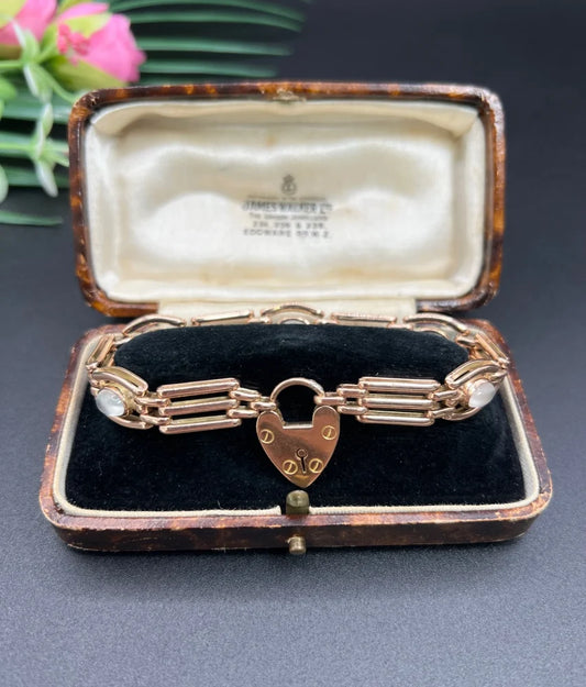 Antique 9 Carat Rose Gold Gate Bracelet With Moonstones