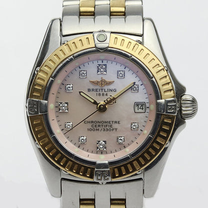 Breitling Callistino Ladies Pink MOP 29mm Diamond Dial Steel and Gold Quartz Watch, original pink mother of pearl dial with 11 diamond hour markers, date indicator, sapphire crystal, uni-directional rotating yellow gold bezel, Steel and gold bracelet