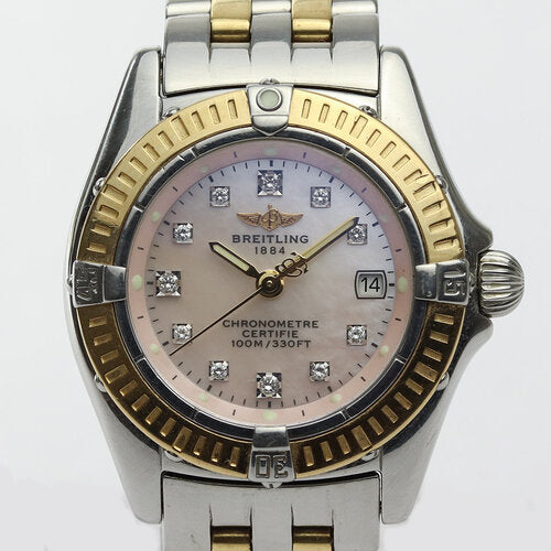 Breitling Callistino Ladies Pink MOP 29mm Diamond Dial Steel and Gold Quartz Watch, original pink mother of pearl dial with 11 diamond hour markers, date indicator, sapphire crystal, uni-directional rotating yellow gold bezel, Steel and gold bracelet