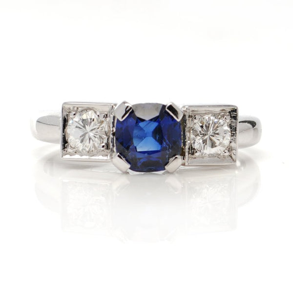Vintage 0.85ct Sapphire and Diamond Three Stone Ring in Platinum