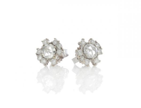 Vintage Rose Cut Diamond Cluster Stud Earrings; central 0.50ct rose cut diamond surrounded by round brilliant cut diamonds, 1.48 carat total, 18ct white gold