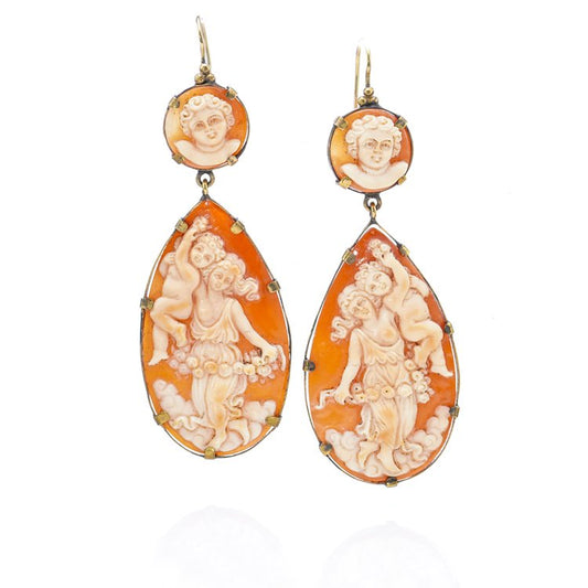 Antique 19th Century Shell Cameo Drop Earrings