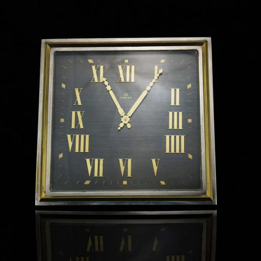 Art Deco Style Vintage Omega Table Desk Clock; black square dial with golden Roman numeral markers and hands, 8-day movement, Made in Switzerland