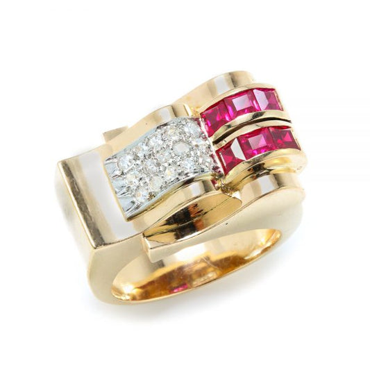 Antique French Ruby and Diamond Asymmetrical Dress Ring; set with 0.90cts princess-cut rubies and 0.45cts rose-cut diamonds over a fluid asymmetrical design, 19th century Circa 1890s