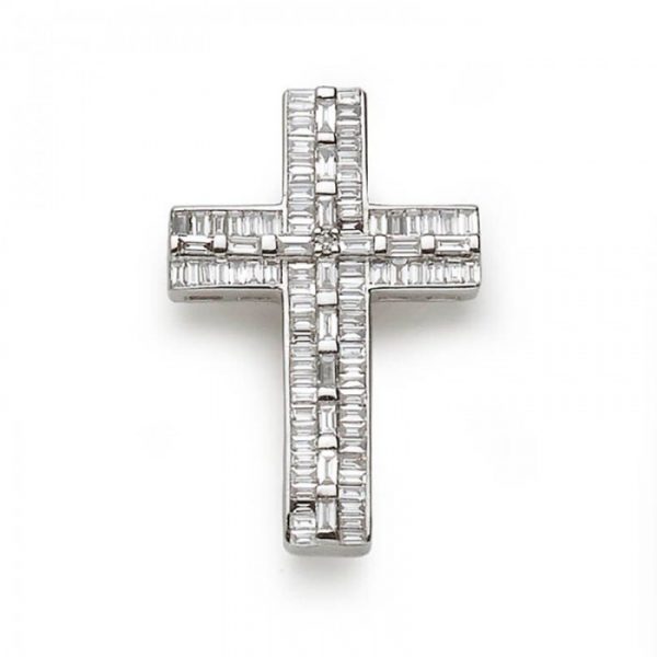 Baguette Cut Diamond Cross Pendant, 0.72 carat total, central round brilliant-cut diamond surrounded by baguette-cut diamonds, in 18ct white gold