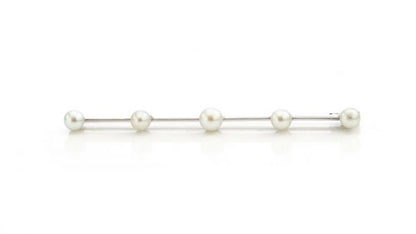 Boucheron Art Deco Platinum Bar Brooch set with five natural freshwater pearls. Made in France, Circa 1920s. Comes in original Boucheron antique box