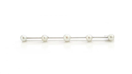 Boucheron Art Deco Platinum Bar Brooch set with five natural freshwater pearls. Made in France, Circa 1920s. Comes in original Boucheron antique box