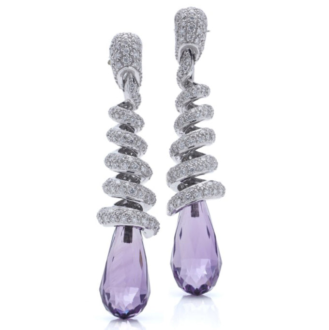 Briolette Cut Amethyst and Diamond Drop Earrings