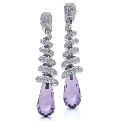 Briolette Cut Amethyst and Diamond Drop Earrings