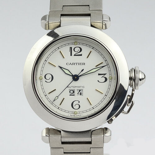 Cartier Pasha C Automatic 35mm Stainless Steel Wrist Watch, Ref. 2475, white dial, four Arabic numerals, date indicator, crown cap with small chain, stainless steel bracelet with double-fold hidden clasp