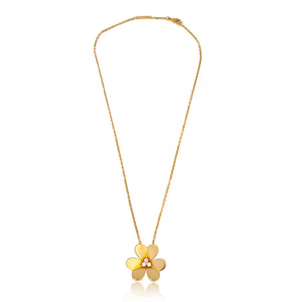 Van Cleef and Arpels Diamond and 18ct Yellow Gold Flower Necklace; featuring a flower shaped pendant set with 0.15cts diamonds, in original Van Cleef & Arpels necklace pouch