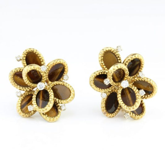 Vintage French Tigers Eye and Diamond Floral Cluster Clip On Earrings in 18ct Yellow Gold; set with natural tiger's eye and 0.42cts diamonds, Circa 1950s