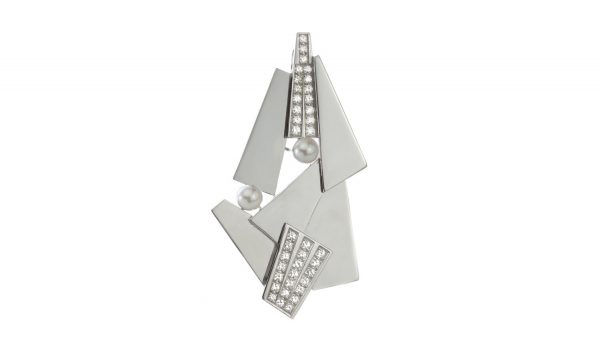 Vintage Natural Pearl, Diamond, 18ct Gold Geometric Brooch Pendant