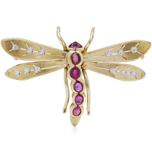 Vintage Diamond Ruby Gold Dragonfly Brooch