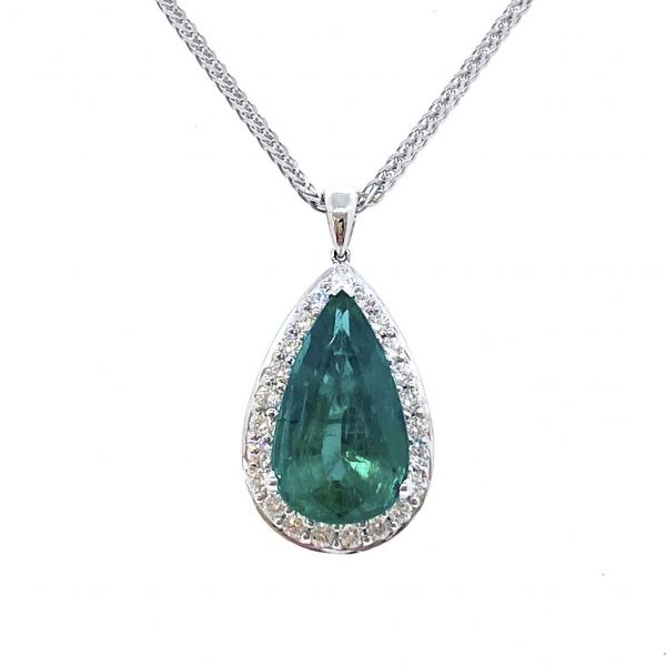 Emerald and Diamond Pear Shaped Cluster Pendant by David Jerome; 8.11 carat pear-cut emerald within a diamond surround, in 18ct white gold with heart design pierced back