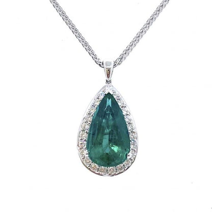 Emerald and Diamond Pear Shaped Cluster Pendant by David Jerome; 8.11 carat pear-cut emerald within a diamond surround, in 18ct white gold with heart design pierced back