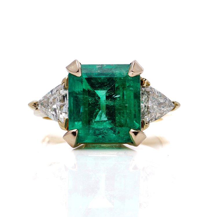GIA Certified 6.15ct Natural Colombian Emerald and Trillion Diamond Ring