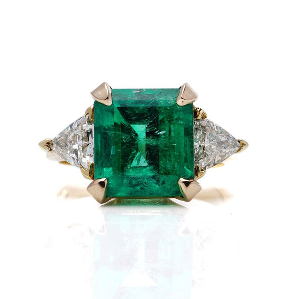 GIA Certified 6.15ct Natural Colombian Emerald and Trillion Diamond Ring