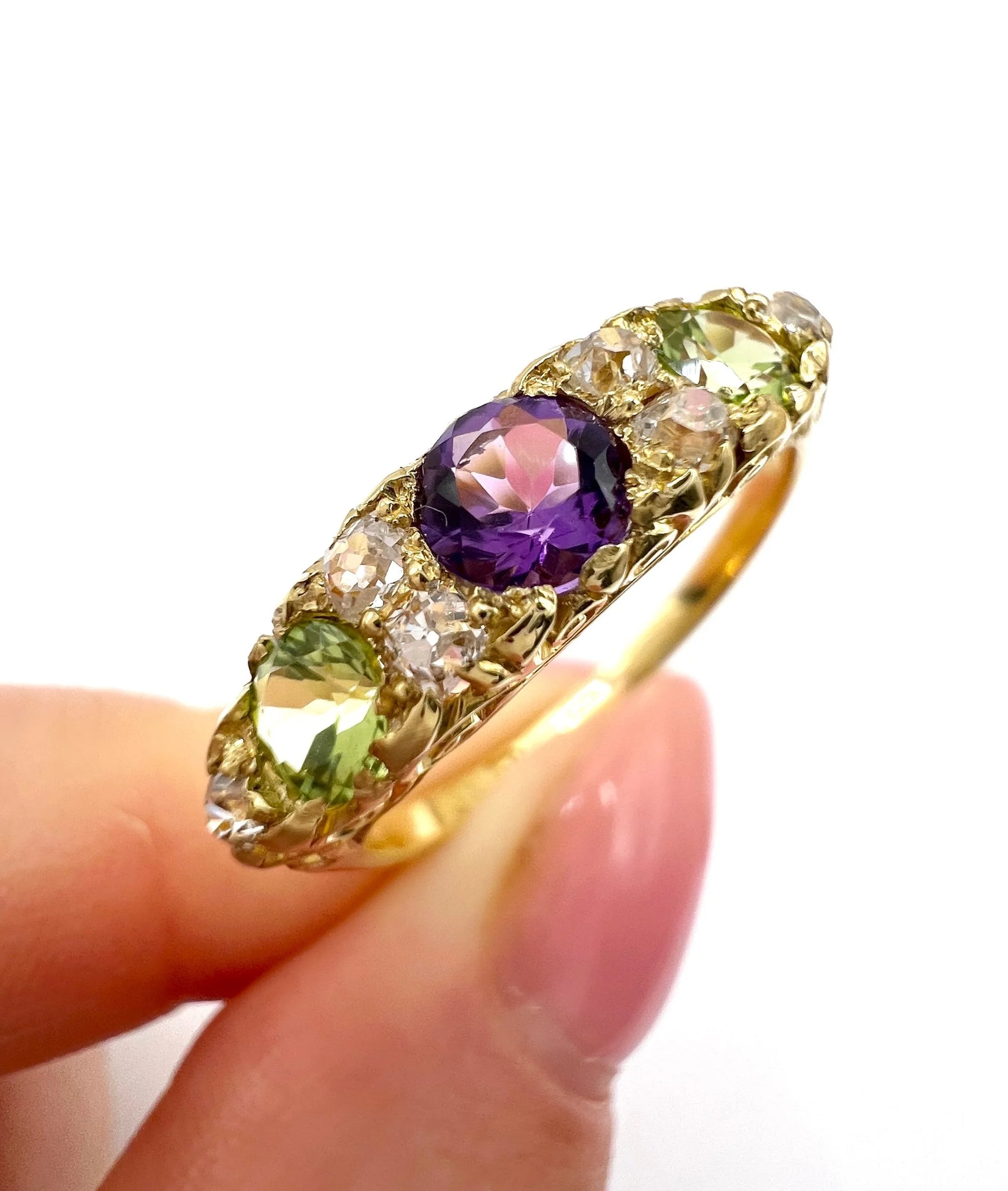 Edwardian Antique Amethyst Peridot and Diamond Carved Suffragette Ring
