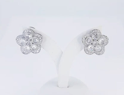2ct Rose Cut Diamond Floral Cluster Stud Earrings; rose cut diamonds accented with a surround of brilliant cut diamonds, in 18ct white gold