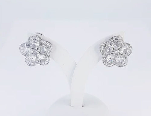 2ct Rose Cut Diamond Floral Cluster Stud Earrings; rose cut diamonds accented with a surround of brilliant cut diamonds, in 18ct white gold