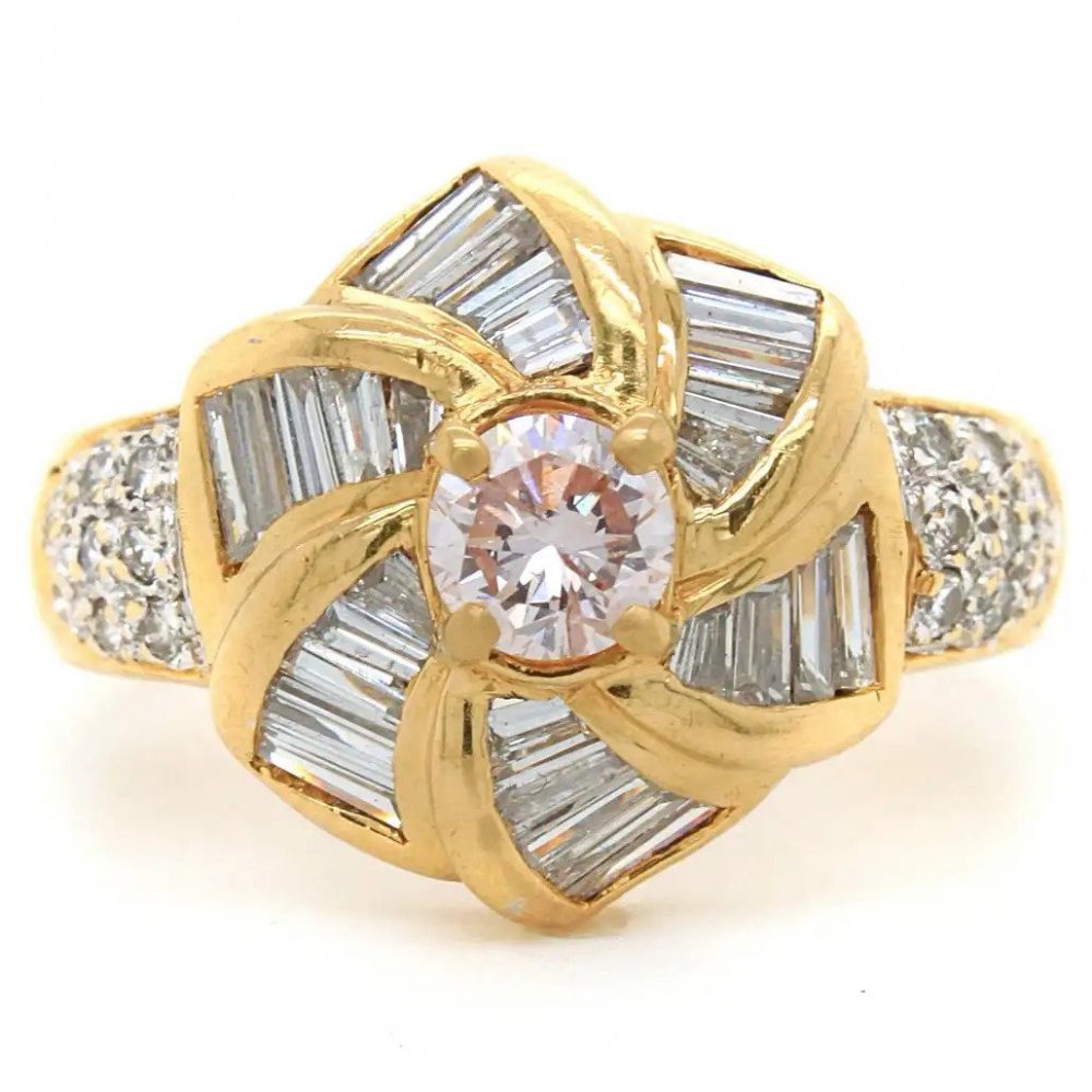 Vintage Faint Pink and White Diamond Floral Cluster Windmill Ring