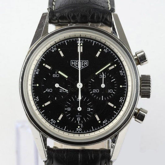 Tag Heuer Carrera 1990s Classic Re Edition 35mm Stainless Steel Manual Chronograph Watch; Ref CS3113, black dial, on an off-brand black leather strap