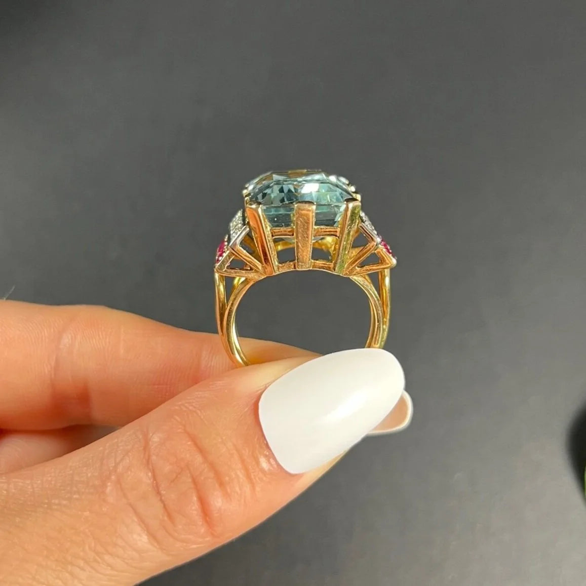Vintage Retro 17cts Aquamarine Diamond Ruby Cocktail Ring