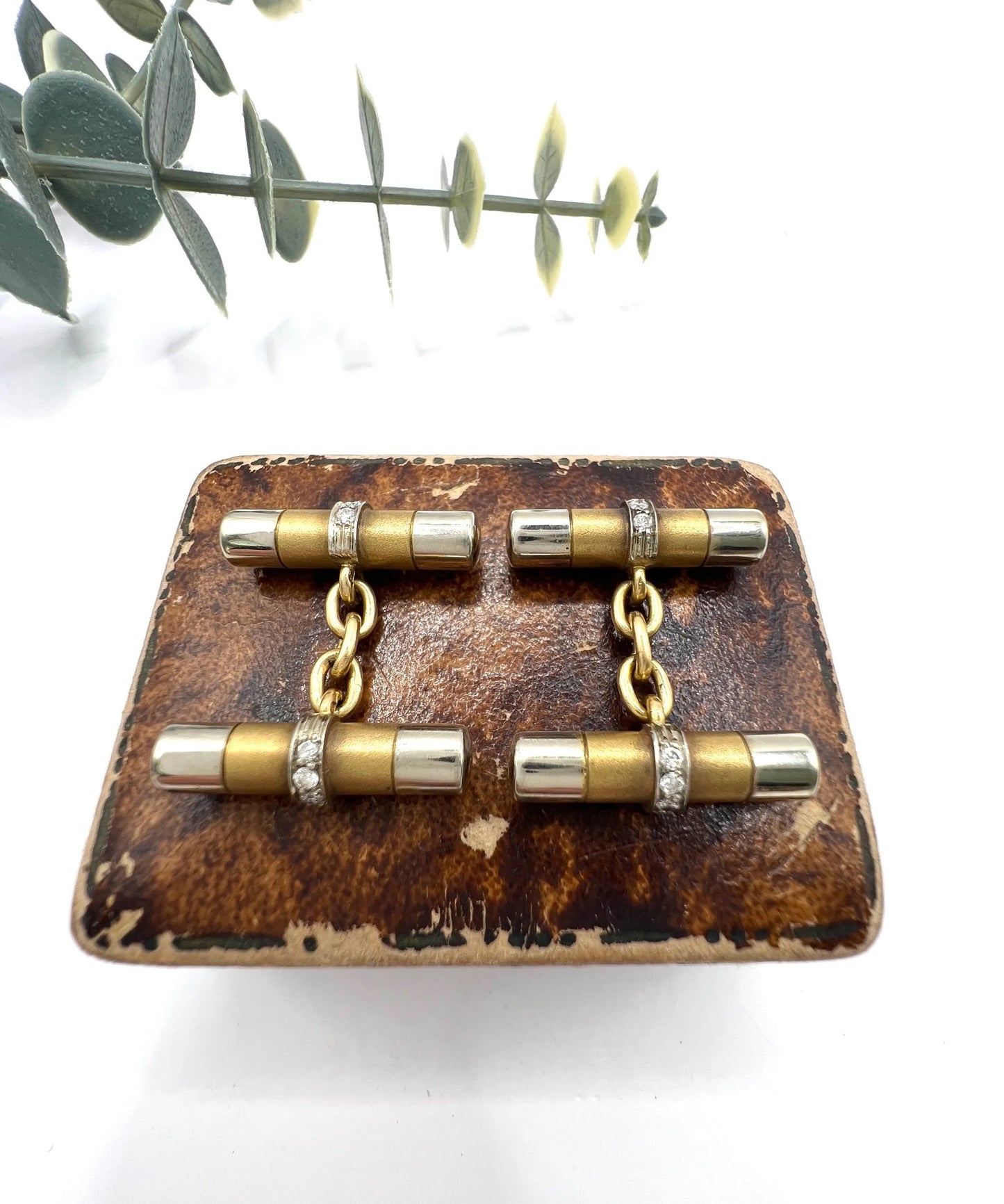 Art Deco French 18 Carat Gold and Platinum Diamond Barrel Cufflinks, Circa 1920