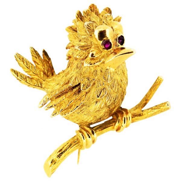 Vintage Boucheron Bird Brooch set with Rubies, 18ct Yellow Gold, c.1950's