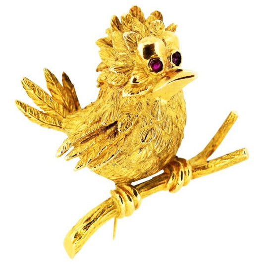 Vintage Boucheron Bird Brooch set with Rubies, 18ct Yellow Gold, c.1950's
