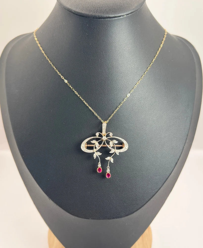 Belle Epoque Edwardian Antique Diamond Bow Pendant Brooch with Ruby Drops